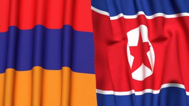 Gerçekçi kumaş dokusuna sahip ARMENIA ve KOREA Kuzey Bayrakları