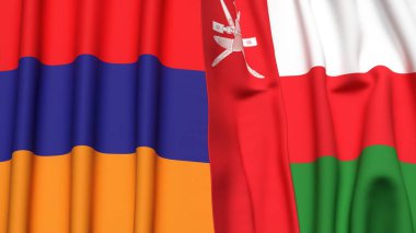 Gerçekçi kumaş dokusuna sahip ARMENIA ve OMAN bayrakları