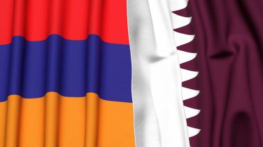 Gerçekçi kumaş dokusuna sahip ARMENIA ve Katar bayrakları
