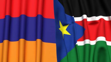 Gerçekçi kumaş dokusuna sahip ARMENIA ve Güney Sudan bayrakları