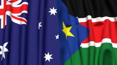 Gerçekçi kumaş dokusuna sahip AUSTRALYA ve GÜNEY SUDAN bayrakları