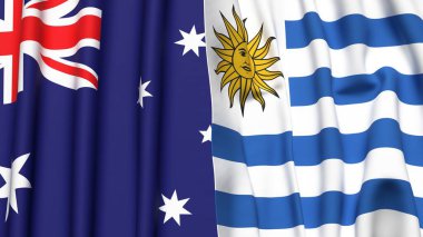 Gerçekçi kumaş dokusuna sahip AUSTRALYA ve Uruguay bayrakları