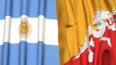 Gerçekçi kumaş dokusuna sahip ARGENTINA ve BHUTAN bayrakları