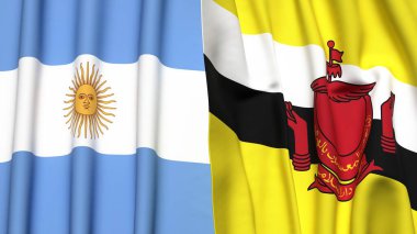 Gerçekçi kumaş dokusuna sahip ARGENTINA ve BRUNEI bayrakları