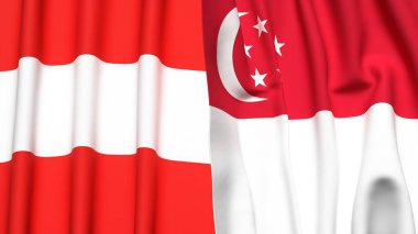 Gerçekçi kumaş dokusuna sahip AUSTRIA ve SINGAPORE bayrakları