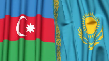 Gerçekçi kumaş dokusuna sahip AZERBAIJAN ve KAZAKHSTAN bayrakları