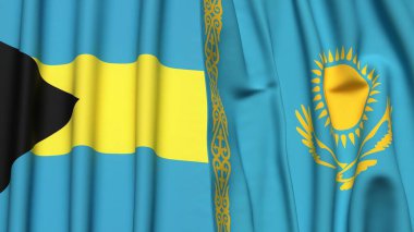 Gerçekçi kumaş dokusuna sahip BAHAMAS ve KAZAKHSTAN bayrakları
