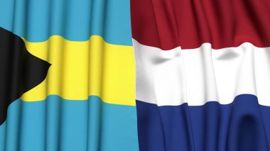 Gerçekçi kumaş dokusuna sahip Bahamalar ve Netherlands bayrakları