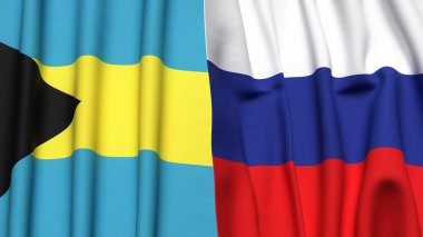 BAHAMAS ve RUSSIA bayrakları gerçekçi kumaş dokusuyla