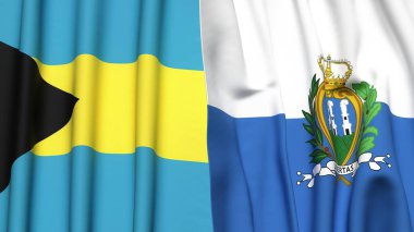 Bahamalar ve SAN MARINO bayrakları gerçekçi kumaş dokusuyla
