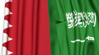 BAHRAIN ve SAUDI ARABIA bayrakları gerçekçi kumaş dokusuyla
