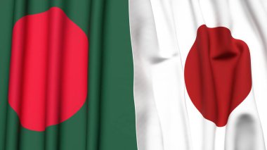 BANGLADESH ve JAPONYA bayrakları gerçekçi kumaş dokusuyla