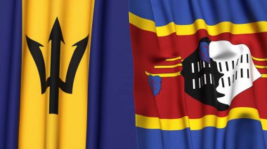 BARBADOS ve Eswatini bayrakları gerçekçi kumaş dokusuyla