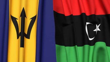 Gerçekçi kumaş dokusuna sahip BARBADOS ve LIBYA bayrakları