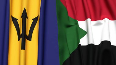 Gerçekçi kumaş dokusuna sahip BARBADOS ve SUDAN bayrakları