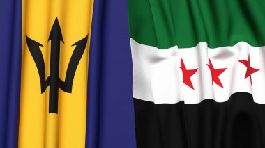 Gerçekçi kumaş dokusuna sahip BARBADOS ve SYRIA bayrakları