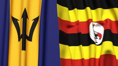 Gerçekçi kumaş dokusuna sahip BARBADOS ve UGANDA bayrakları