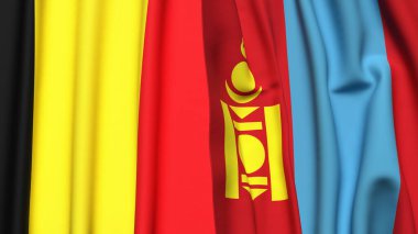 Gerçekçi kumaş dokusuna sahip Belçika ve Moğolistan bayrakları