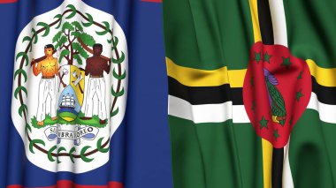 Gerçekçi kumaş dokusuna sahip BELIZE ve DOMINICA bayrakları