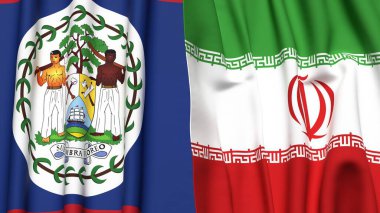 Gerçekçi kumaş dokusuna sahip BELIZE ve İRAN bayrakları