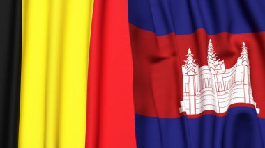 Gerçekçi kumaş dokusuna sahip Belçika ve CAMBODIA bayrakları
