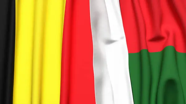 Gerçekçi kumaş dokusuna sahip Belçika ve MADAGASCAR bayrakları