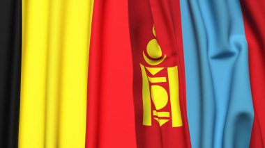 Gerçekçi kumaş dokusuna sahip Belçika ve Moğolistan bayrakları
