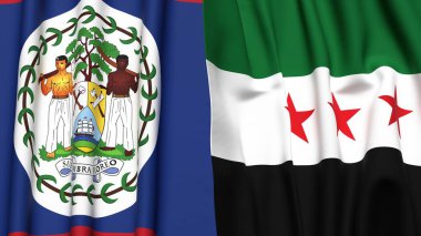 Gerçekçi kumaş dokusuna sahip BELIZE ve SYRIA bayrakları