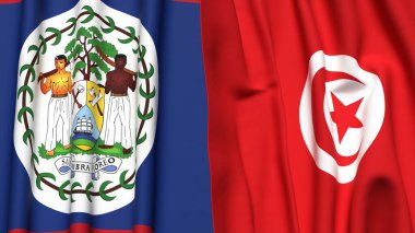 Gerçekçi kumaş dokusuna sahip BELIZE ve TUNISIA bayrakları