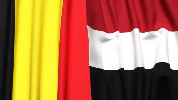 Gerçekçi kumaş dokusuna sahip Belçika ve YEmen bayrakları