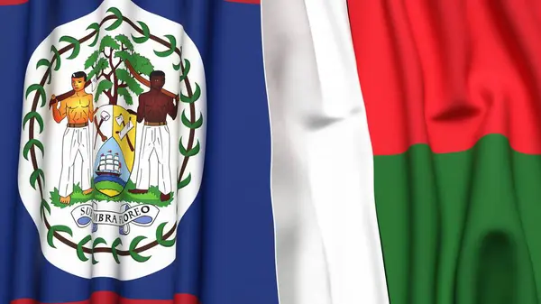 Gerçekçi kumaş dokusuna sahip BELIZE ve MADAGASCAR bayrakları