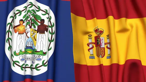 Gerçekçi kumaş dokusuna sahip BELIZE ve SPAIN bayrakları