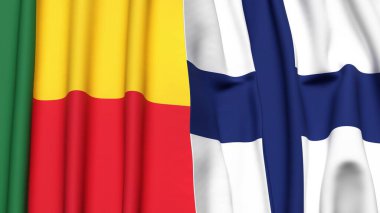 Gerçekçi kumaş dokusuna sahip BENIN ve FINLAND bayrakları