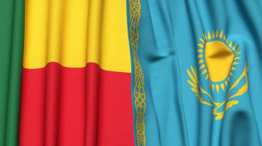 Gerçekçi kumaş dokusuna sahip BENIN ve KAZAKHSTAN bayrakları