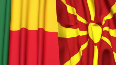 Gerçekçi kumaş dokusuna sahip BENIN ve MACEDONIA bayrakları
