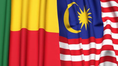 Gerçekçi kumaş dokusuna sahip BENIN ve MALAYSIA bayrakları