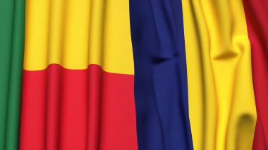 Gerçekçi kumaş dokusuna sahip BENIN ve ROMANIA bayrakları