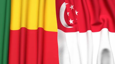 BENIN ve SINGAPORE bayrakları gerçekçi kumaş dokusuyla