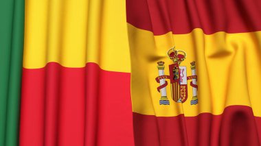 Gerçekçi kumaş dokusuna sahip BENIN ve SPAIN bayrakları
