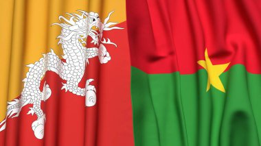 Gerçekçi kumaş dokusuna sahip BHUTAN ve BURKINA-FASSO bayrakları