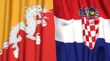 Gerçekçi kumaş dokusuna sahip BHUTAN ve CROATIA bayrakları