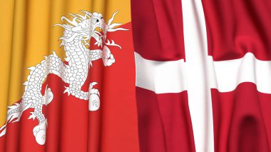 Gerçekçi kumaş dokusuna sahip BHUTAN ve DENMARK bayrakları
