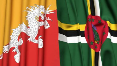 Gerçekçi kumaş dokusuna sahip BHUTAN ve DOMINICA bayrakları