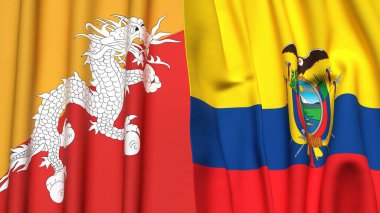 Gerçekçi kumaş dokusuna sahip BHUTAN ve Ekvador bayrakları