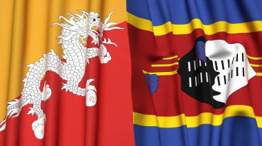 Gerçekçi kumaşlı BHUTAN ve Eswatini bayrakları