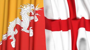 BHUTAN ve İngiltere bayrakları gerçekçi kumaş dokusuyla