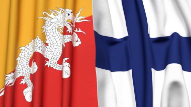 Gerçekçi kumaş dokusuna sahip BHUTAN ve FINLAND bayrakları