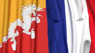 Gerçekçi kumaş dokusuna sahip BHUTAN ve FRANCE bayrakları