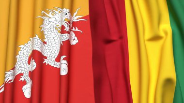Gerçekçi kumaş dokusuna sahip BHUTAN ve Gine Bayrakları