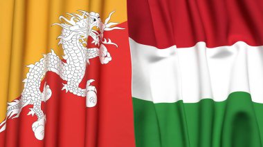 BHUTAN ve HUNGARY bayrakları gerçekçi kumaş dokusuyla